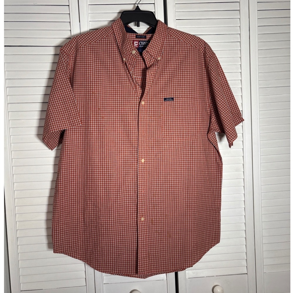 Chaps Ralph Lauren Mens XL Short Sleeve Button Down Shirt Orange Check Easy Care